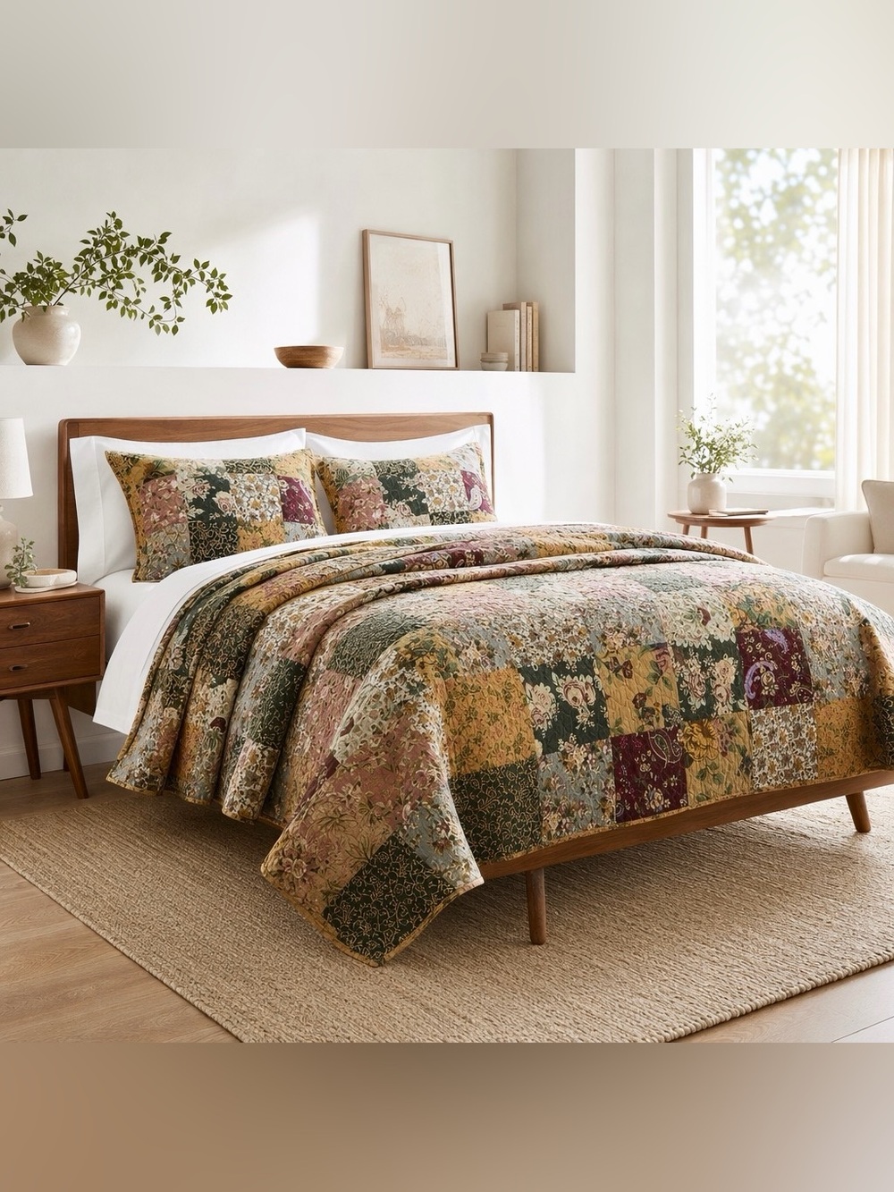 NEW Anthropologie Cotton Reversible Patchwork Queen King Bedding Quilt Sham Set - Picture 2 of 15
